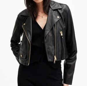 Allsaints Elora Black Gold Cropped Moto Jacket Us 6